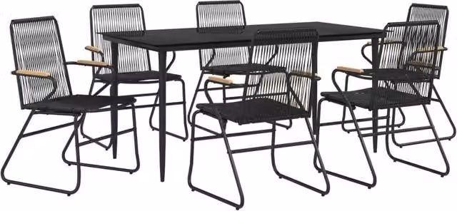 Berkfield Home Beautiful 7 Piece Black PVC Rattan Garden Dining Set with Teak Wood and Glass Details – 1