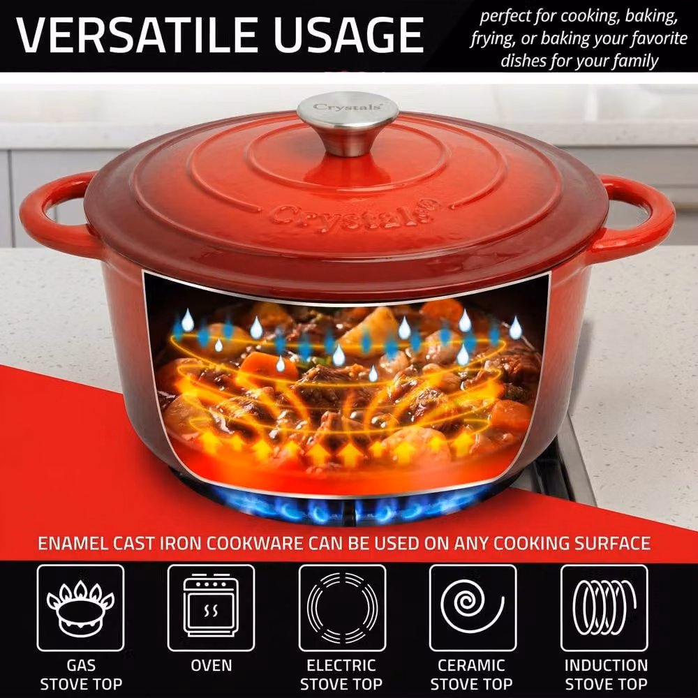 Crystals Red Enamelled Cast Iron Casserole Dish with Lid, 26 cm – 8