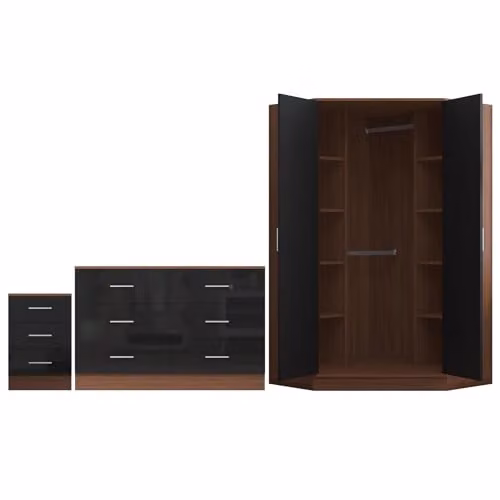 Reflect Bedroom Furniture Bundle with Corner Wardrobe, 6 Drawer Chest and 3 Drawer Bedside in Gloss Black and Matt Walnut – 3