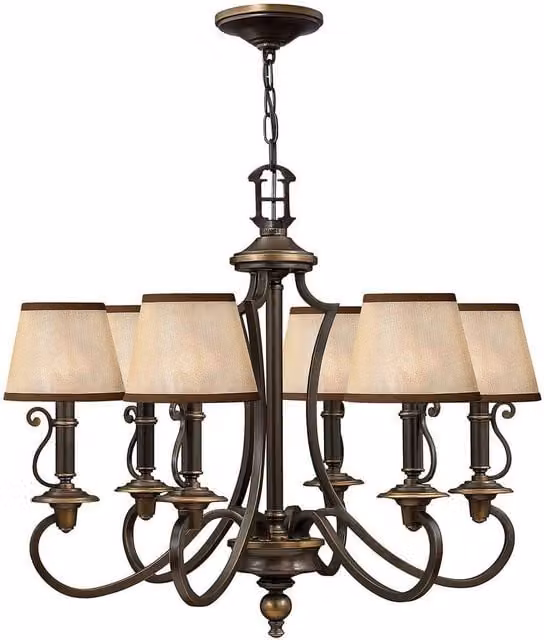 Elstead Plymouth 6 Light Multi Arm Chandelier in Bronze with Amber and Beige Fabric Shades, E14