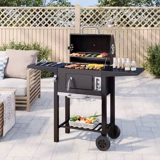 Komore Black Steel Charcoal BBQ Grill with Thermometer and Cart