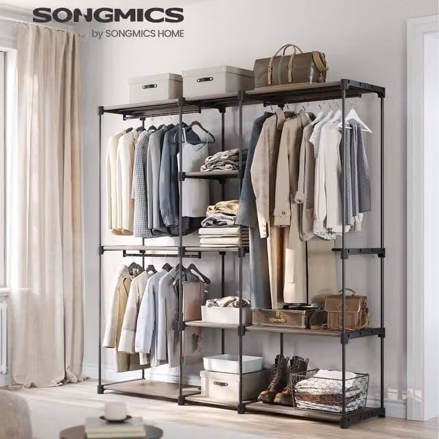SONGMICS Portable Open Wardrobe with Shelves and Hanging Rod, Black