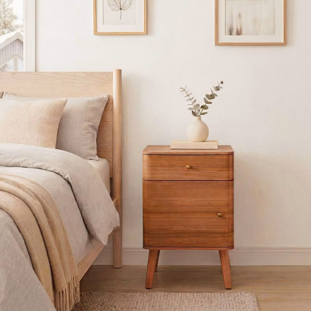 CALICOSY Bedside Table with 1 Drawer and 1 Door in Light Brown with Gold Accents, W/D/H: 42 x 35 x 71 cm – 2
