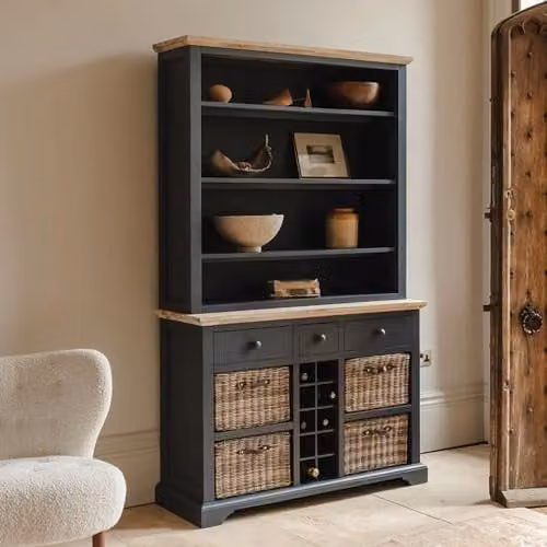 Statement Furniture Florence Display Cabinet in Blue, featuring Glass Doors, Internal Shelves and a Bottle Rack, W: 120 cm, H: 200 cm, D: 42 cm