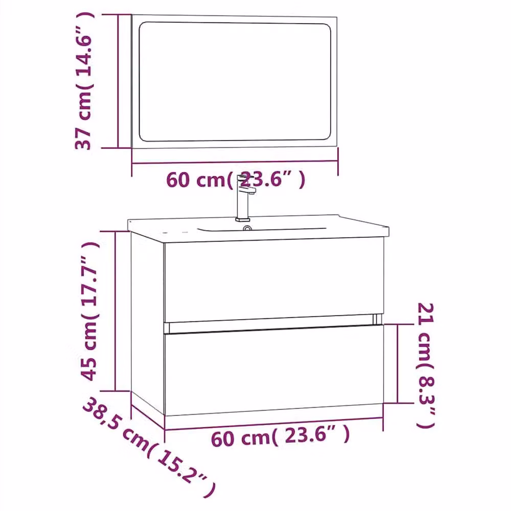 Berkfield Home Modern 2 Piece Bathroom Furniture Set in Smoked Oak Brown, including Vanity Unit and Mirror Cabinet, W/D/H: 60.0 x 38.5 x 37.0 cm – 3