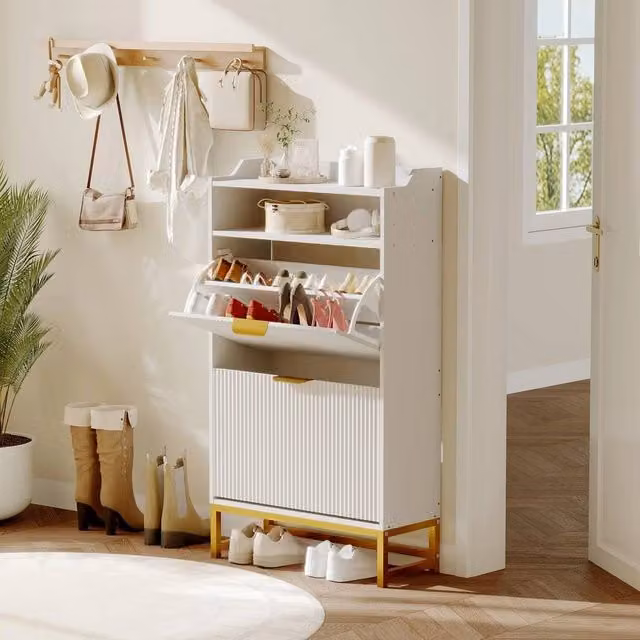 KORVIXA White Modern Matt Tilt-out Shoe Cabinet with Hinged Doors and Internal Shelves