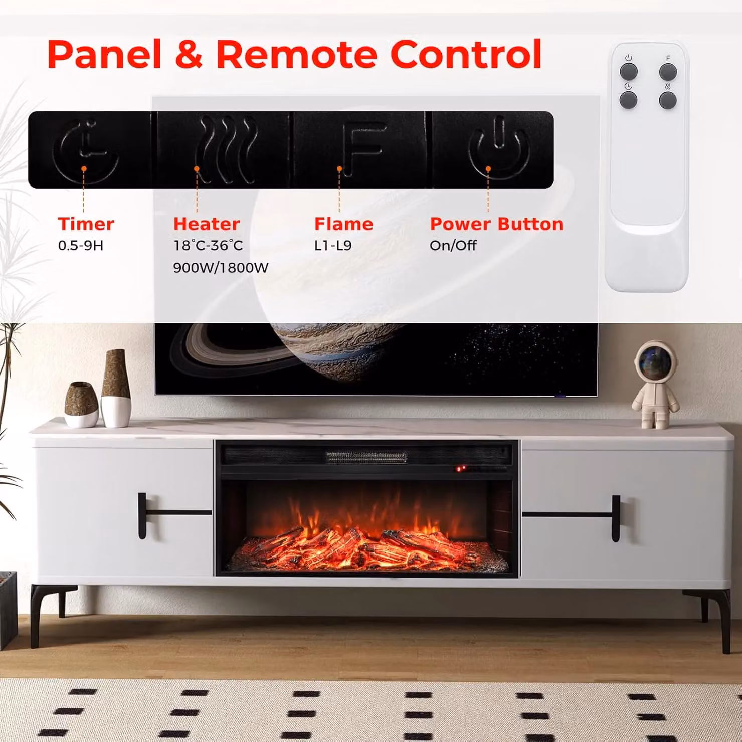 Gymax Black Recessed Electric Fireplace with 1800W Heating and 9-Level Flame Control, Width: 86 cm – 5