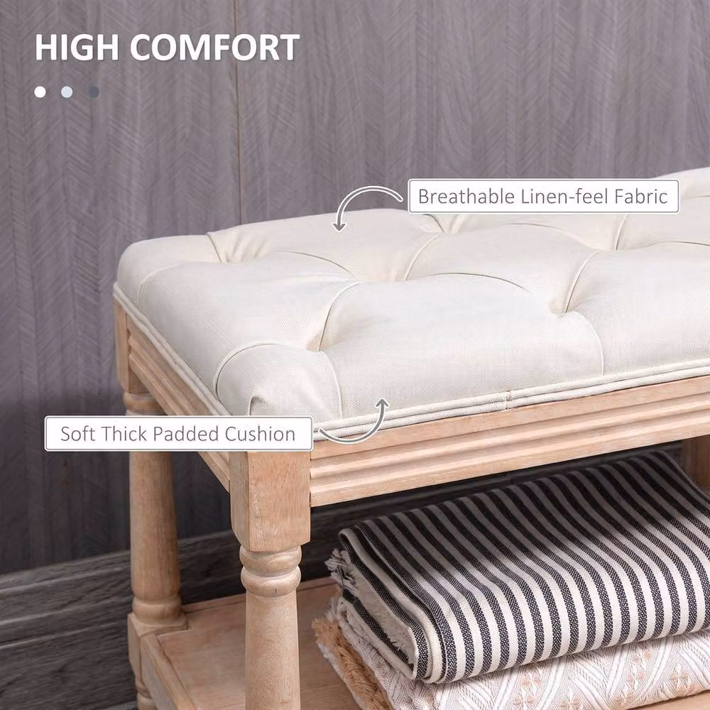 KORVIXA Beige Upholstered Shoe Rack Bench with Button Tufted Fabric Seat – 3