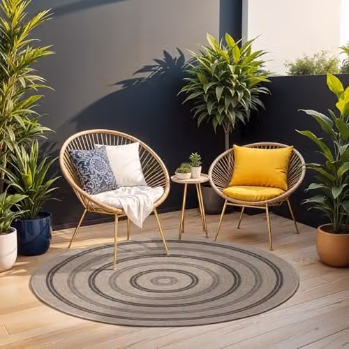 Livabliss Round Boho Geometric Rug in Beige and Black, Diameter: 100 cm