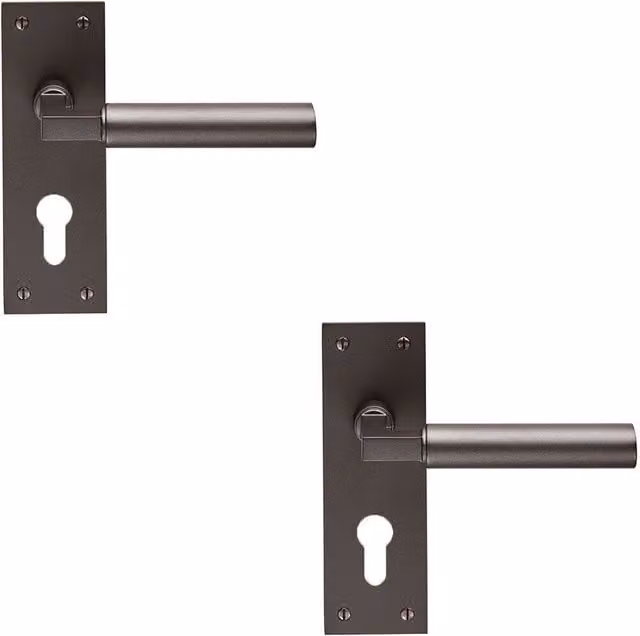 Loops 2x Pair Round Bar Handles with Slim Euro Lock Backplate in Matt Bronze, W: 150 mm x H: 50 mm – 1