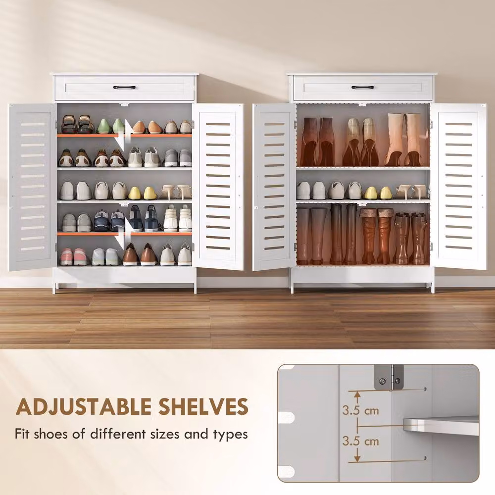 HOMCOM Modern White Freestanding Shoe Storage Cabinet with Hinged Doors, Drawer and Internal Shelves – 3