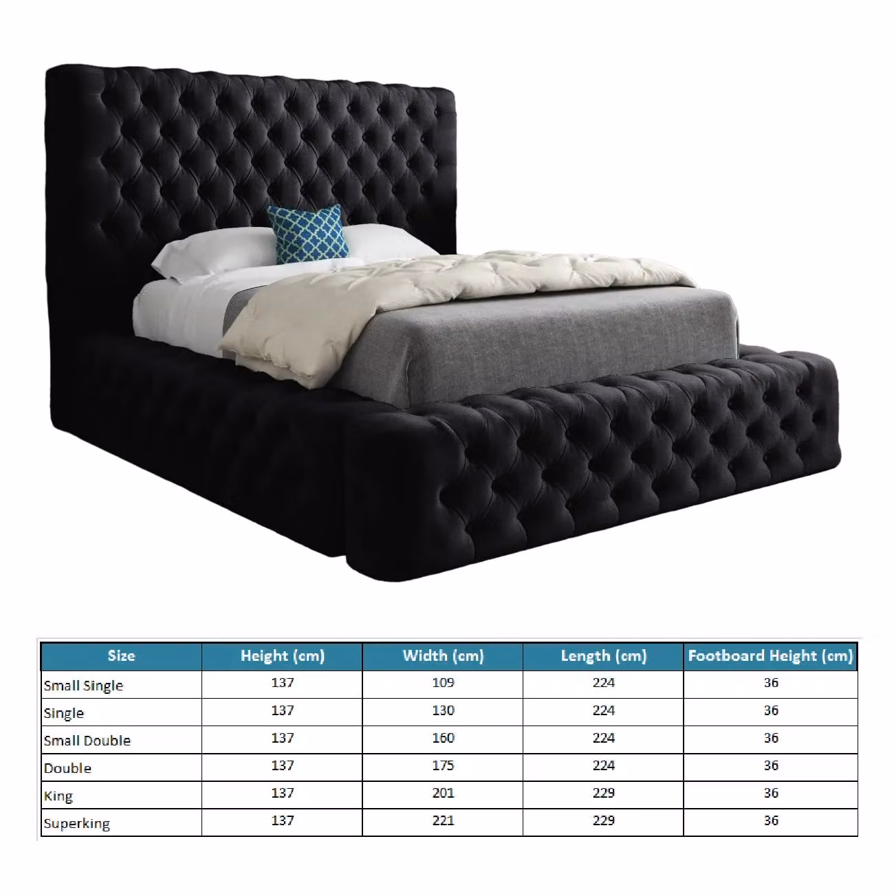Casani Grand Milan Chesterfield Upholstered Velvet Bed Frame in Black, W/D/H: 160 x 137 x 200 cm – 4