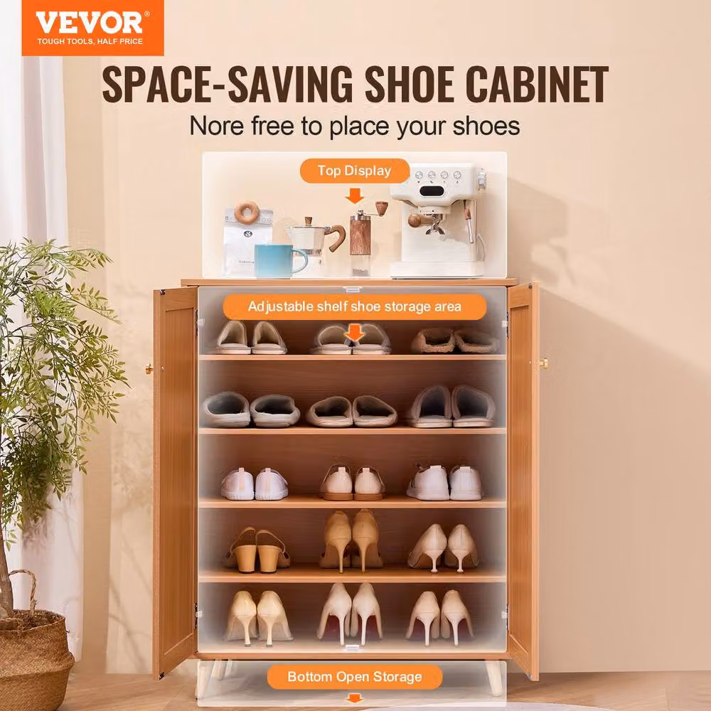 VEVOR Beige Rattan Wood Shoe Cabinet with Hinged Doors and Adjustable Shelves – 2