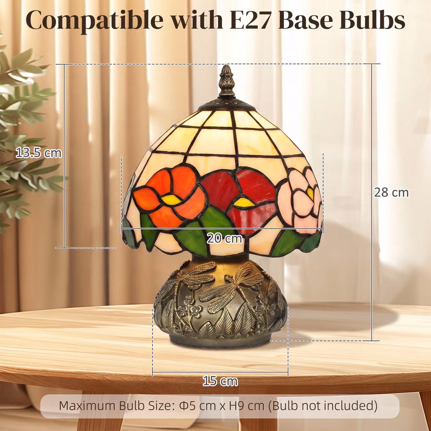 HOMCOM Tiffany-Style Stained Glass Table Lamp with Dragonfly Base, Multi-Coloured and Bronze – 3