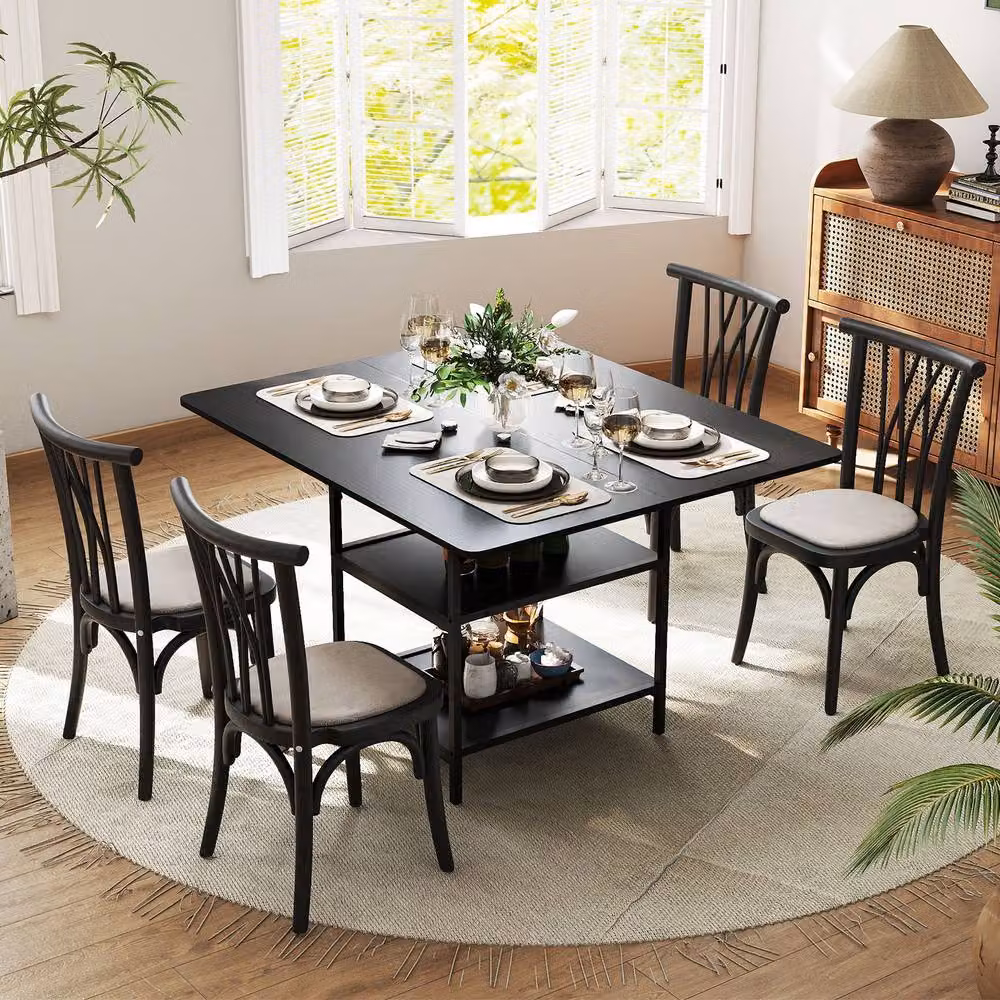 Costway Rectangular Dining Table with Storage Shelves in Black for 4-6 Adults – 5