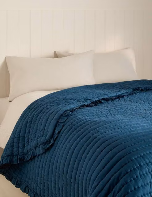 M&S Washed Cotton Quilted Bedspread with Ruffle Valance in Petrol Blue