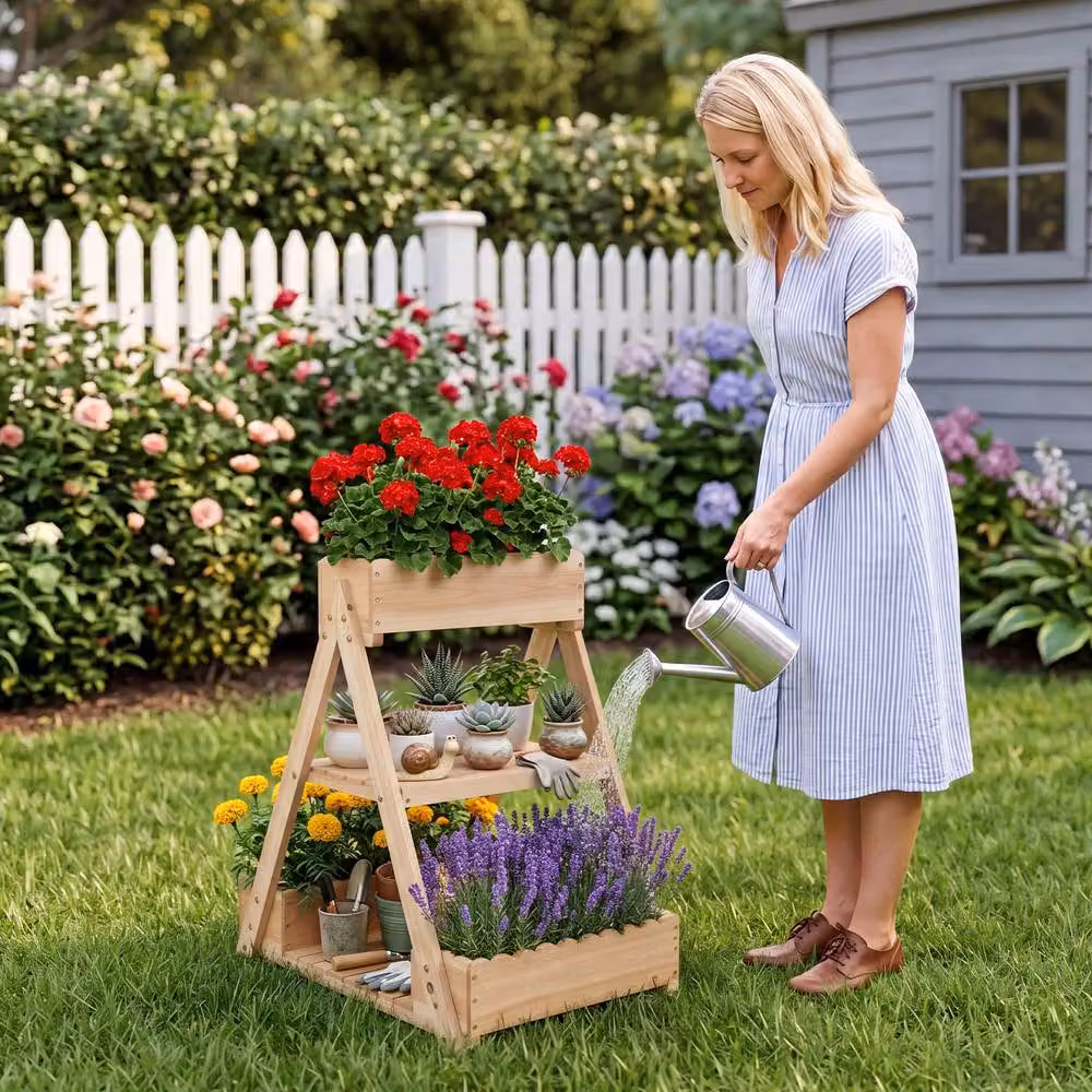 Costway 3-Tier Wooden Raised Garden Bed with 3 Planter Boxes in Natural Brown – 8