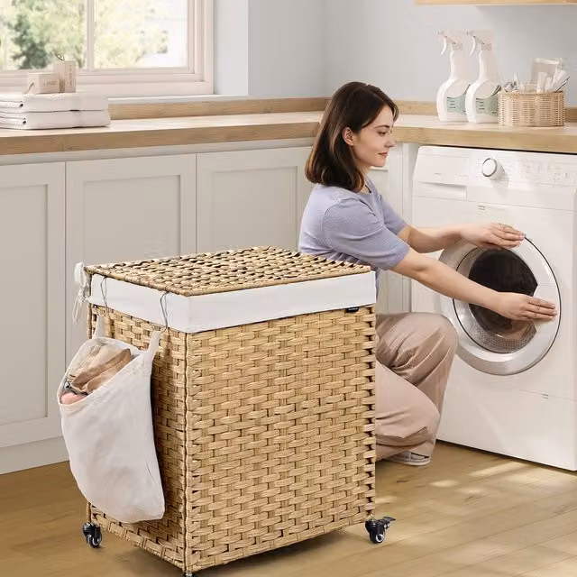 SONGMICS Rolling Laundry Hamper with Lid and Wheels in Beige