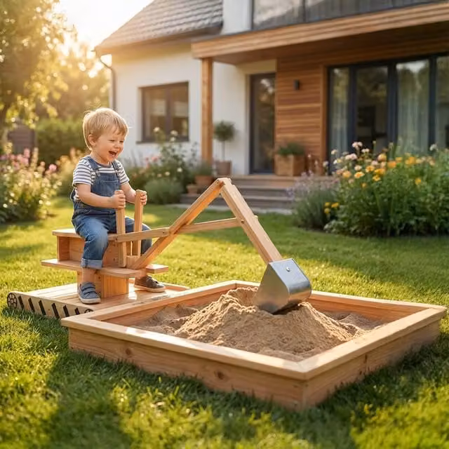 AIYAPLAY Wooden Sandbox with Interactive Digger Seat in Natural Brown Wood Finish