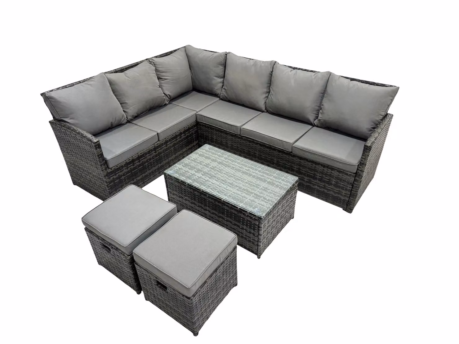 Fimous 8 Seater Rattan L-Shape Corner Sofa Set with Coffee Table and Ottoman in Grey – 2