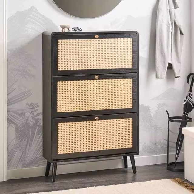 Wyld and Coco Boho Black Wood and Rattan Shoe Storage Cabinet with Three Tilting Compartments, W/D/H: 122 x 78 x 30 cm – 1