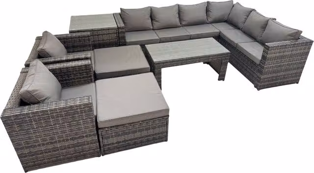 Fimous Outdoor Rattan Corner Sofa Set in Dark Grey Mixed with Coffee Table, 2 Chairs and 2 Stools