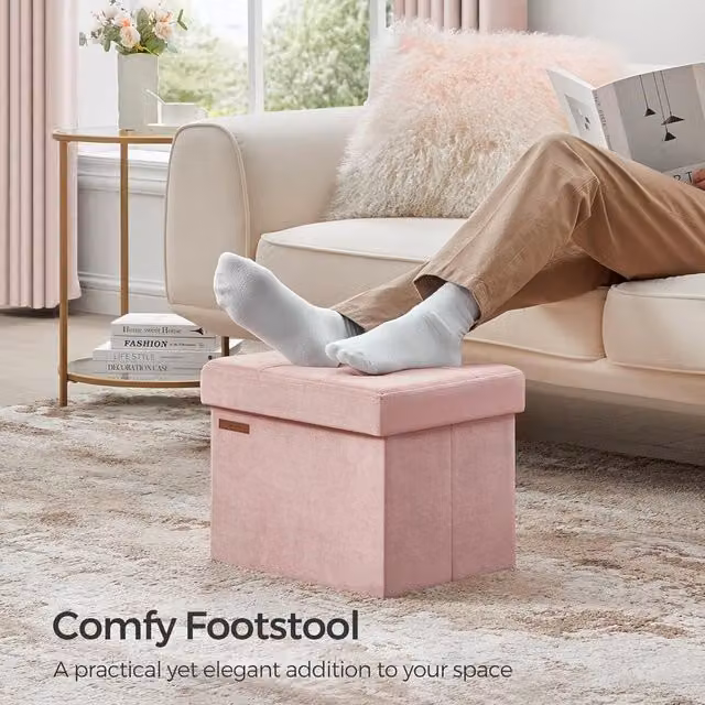 SONGMICS Compact Rectangular Foldable Storage Ottoman Foot Rest in Light Pink Velvet Fabric