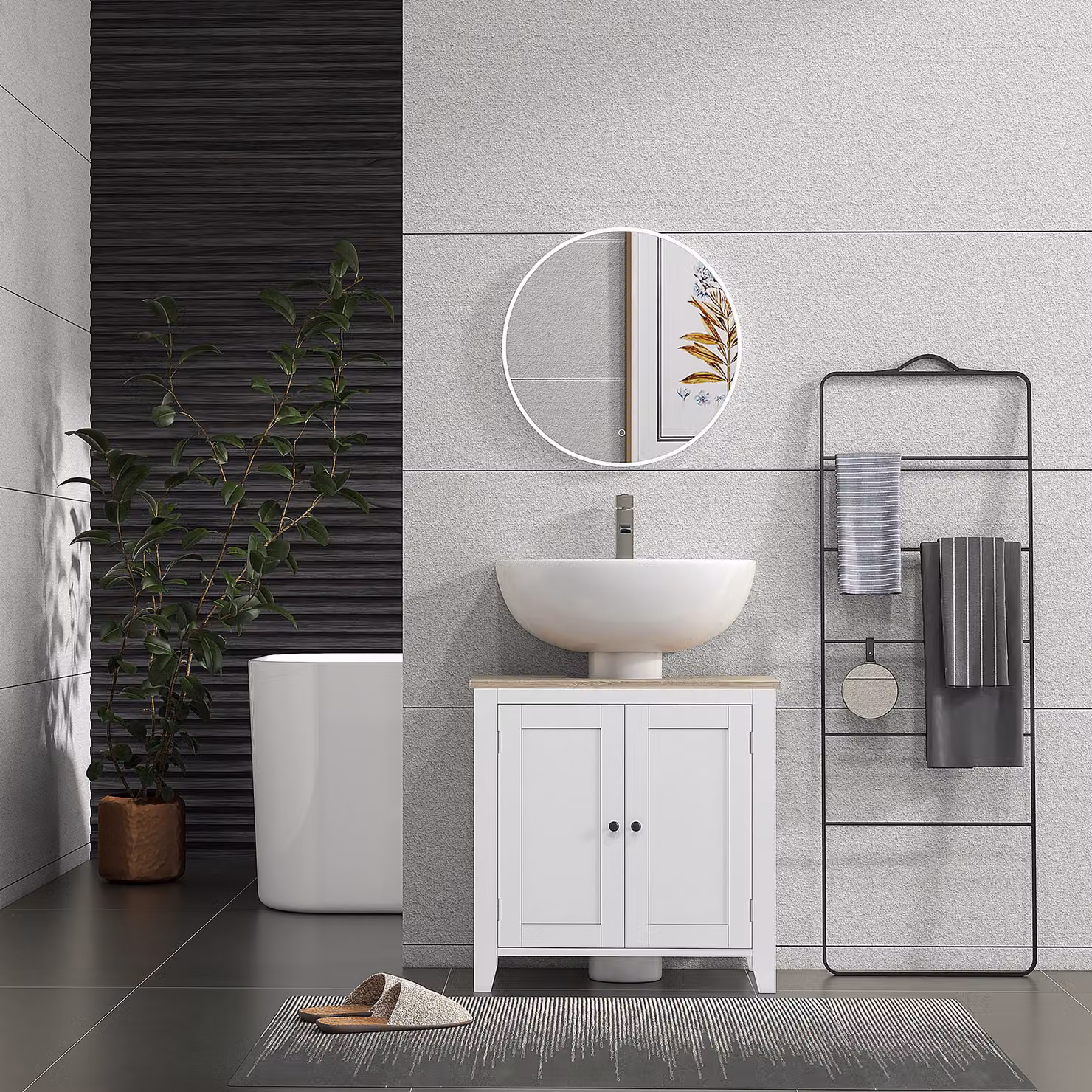 kleankin White Freestanding Under-Sink Bathroom Organiser with Adjustable Internal Shelf and Hinged Doors – 4