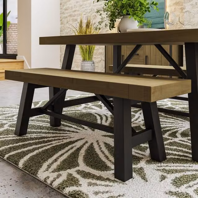 FWStyle Solid Pine Dining Bench in Lacquered Driftwood Brown and Grey