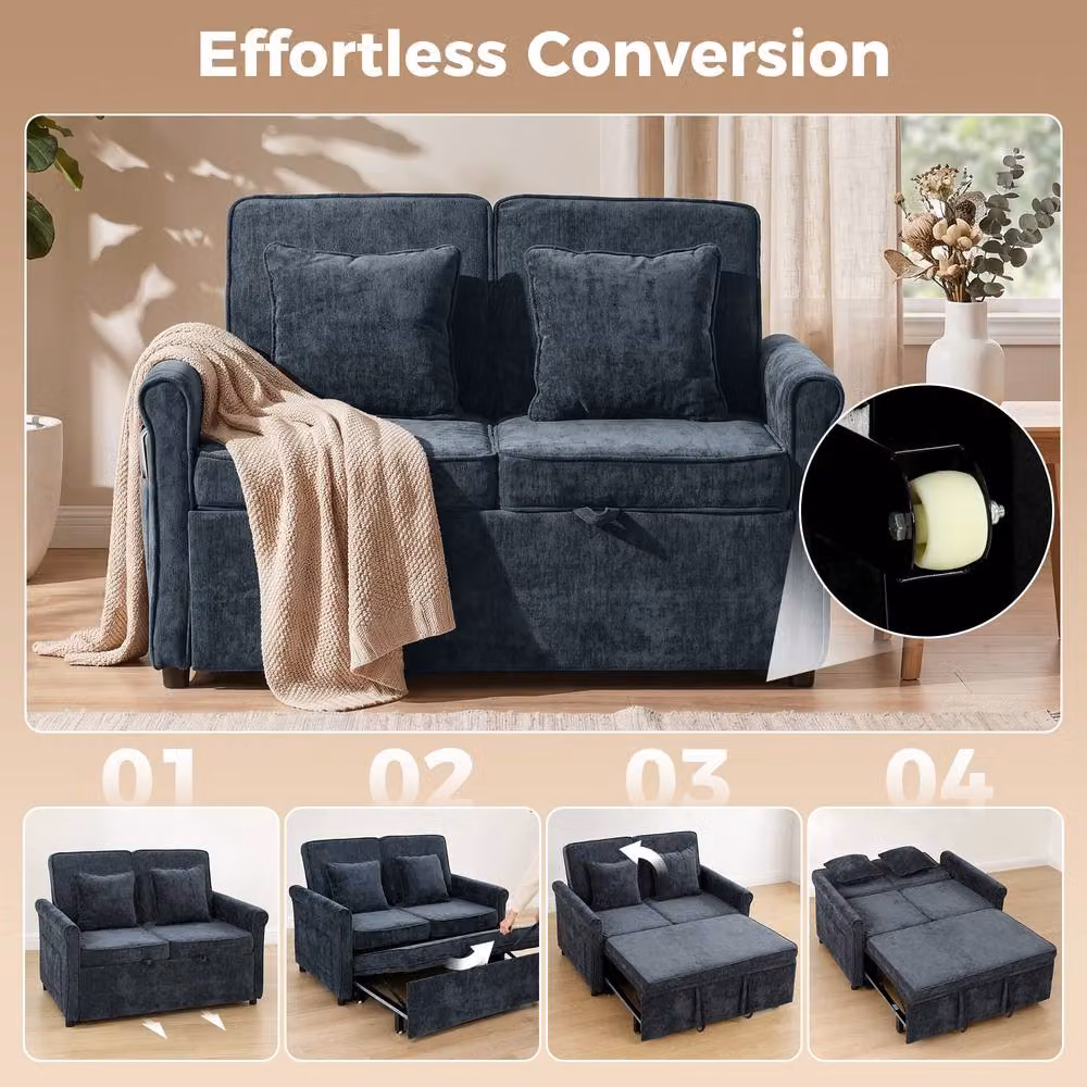 HOMCOM 2 Seater 3-in-1 Convertible Pull Out Sofa Bed in Dark Blue Chenille Fabric – 4