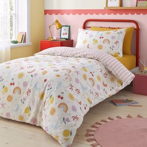 Bedlam Dreamscape Reversible Duvet Cover and Pillowcase Set, Pink and Multicolour, W/D/H: 200 x 200 cm