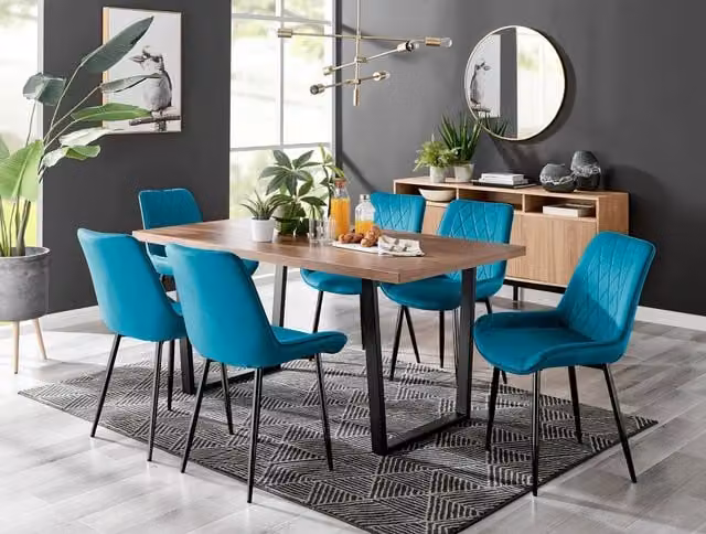FurnitureboxUK Kylo Brown Wood Effect Dining Table and 6 Blue Pesaro Velvet Chairs with Black Legs