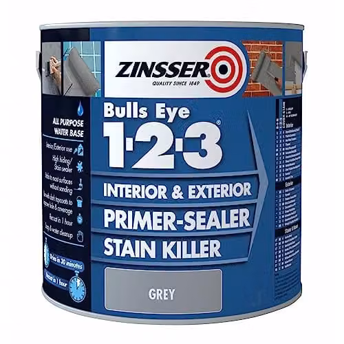 Zinsser Bulls Eye 1-2-3 Water Based Primer-Sealer and Stain Killer, 1 Litre, Grey