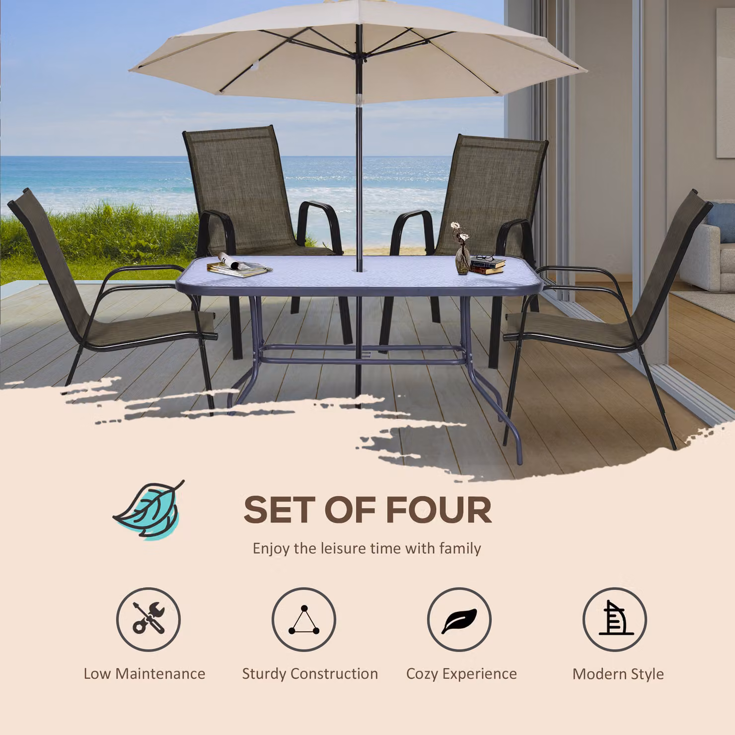 Outsunny 4 Piece Stackable Outdoor Garden Dining Chairs with High Backrest, Armrests and Brown Textilene Mesh Fabric – 4