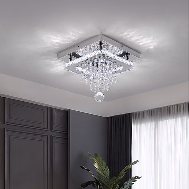 Komore Rectangular Suspended Ceiling Light with Crystal Ring and Stainless Steel Accents in Silver