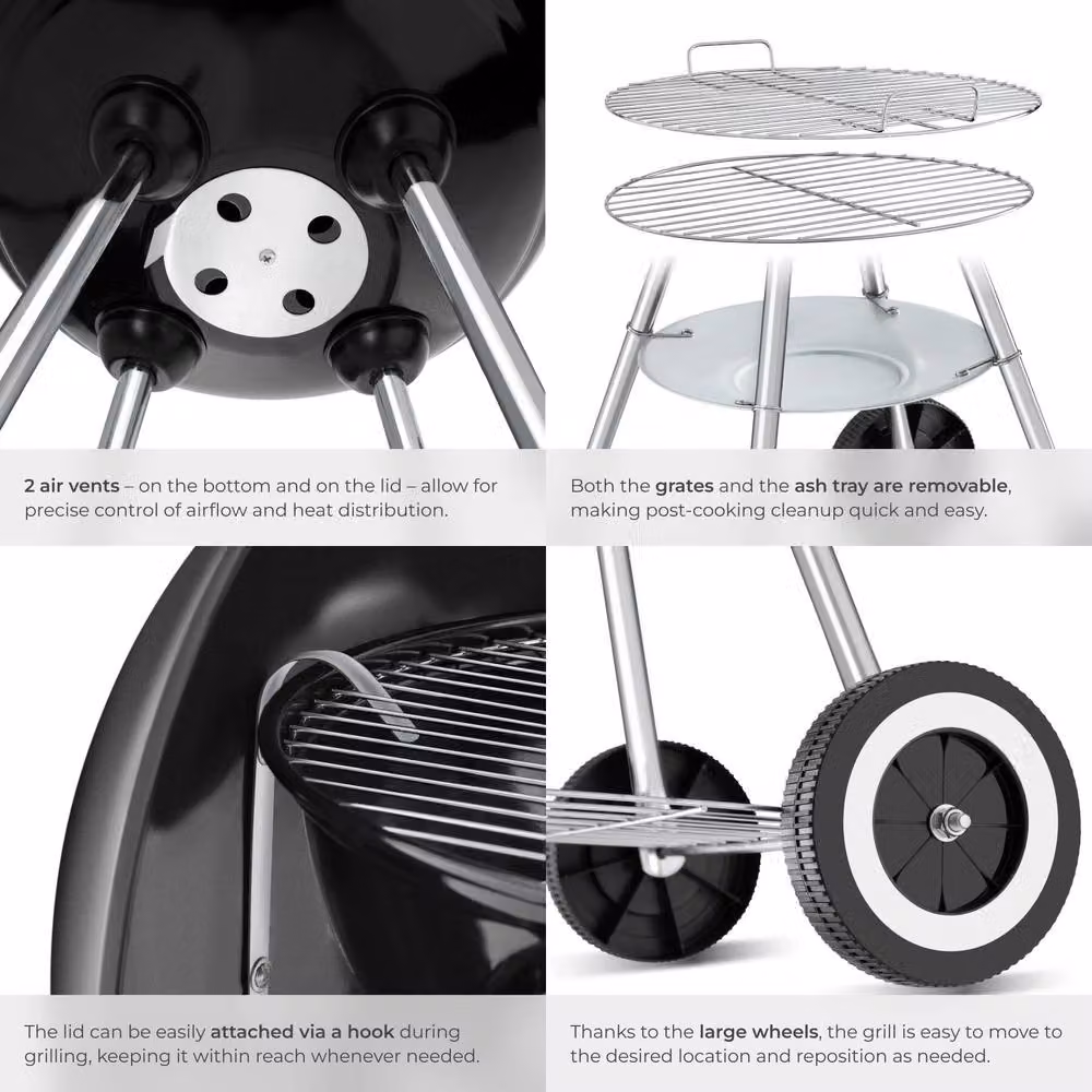tectake Charcoal Kettle Grill in Black and Multicolour with 2 Wheels and Removable Ash Tray, Diameter: 41.5 cm – 5