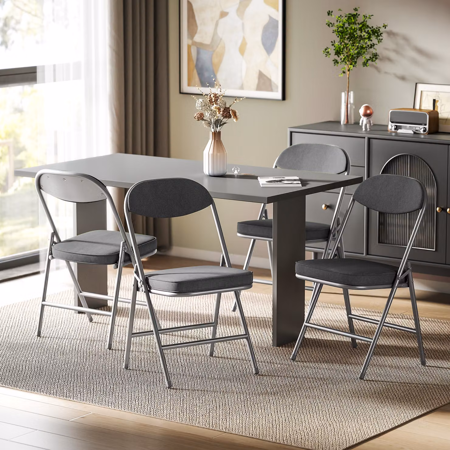 HOMCOM Set of Four Folding Corduroy Seat Chairs in Dark Grey – 2
