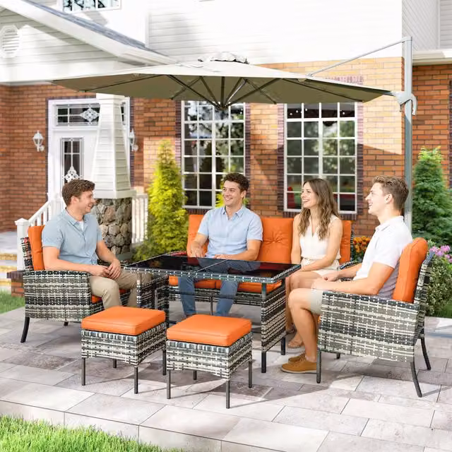 Outsunny Rattan Garden Furniture Set with Armchairs, Sofa and Footstools in Orange