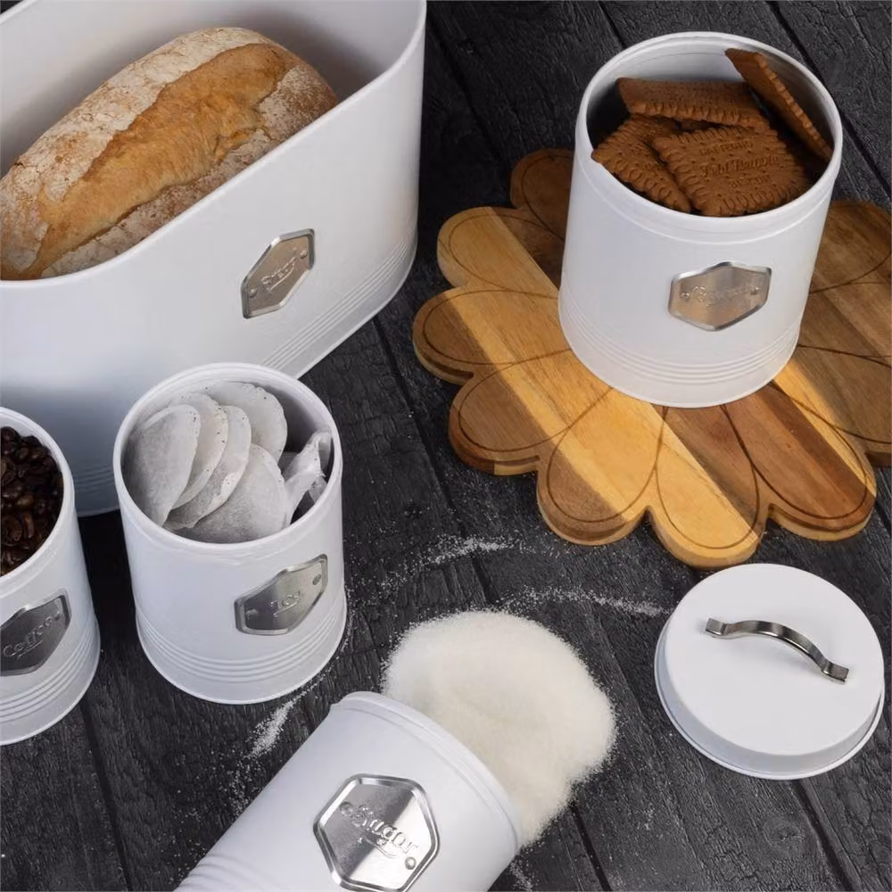 Nordara White Airtight and Leakproof Metal Kitchen Storage Canister 5-Piece Set, H: 30 cm, W: 15 cm – 4