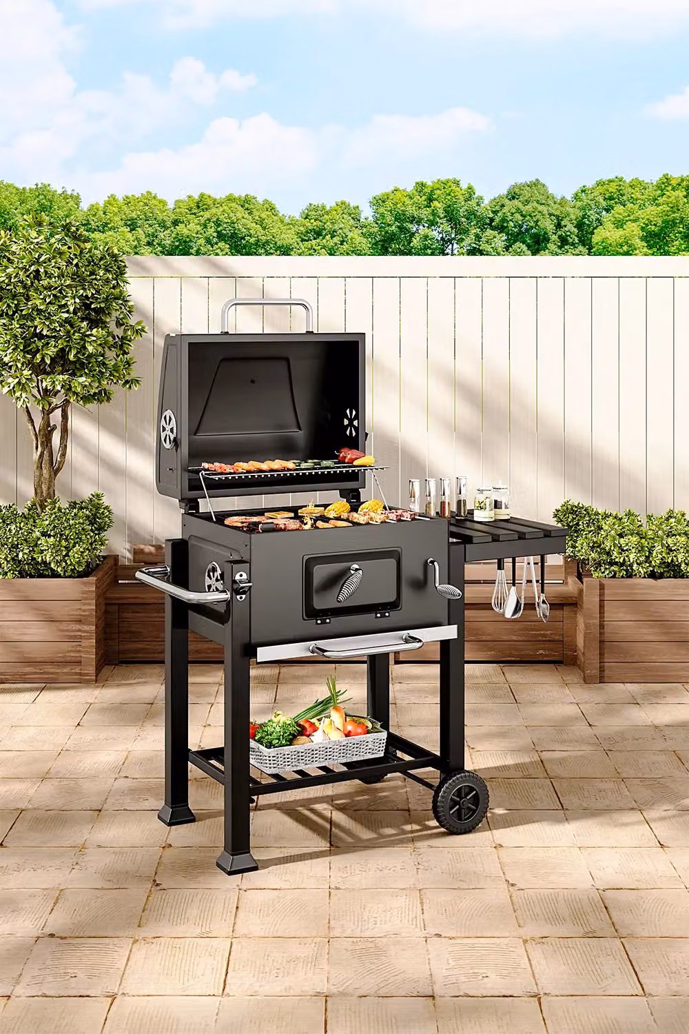 Living and Home Charcoal BBQ Grill with Portable Trolley and Thermometer in Black – 2