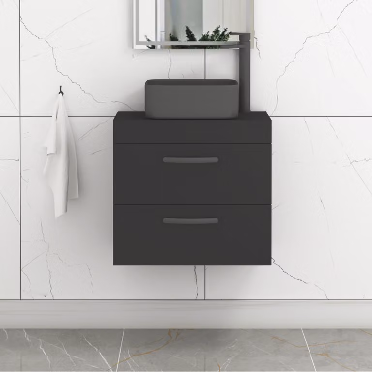 Royal Bathrooms Turin 800mm Wall Hung Vanity Unit with 2 Drawers and Art Square Countertop Basin in Matt Black with Brushed Brass Handle
