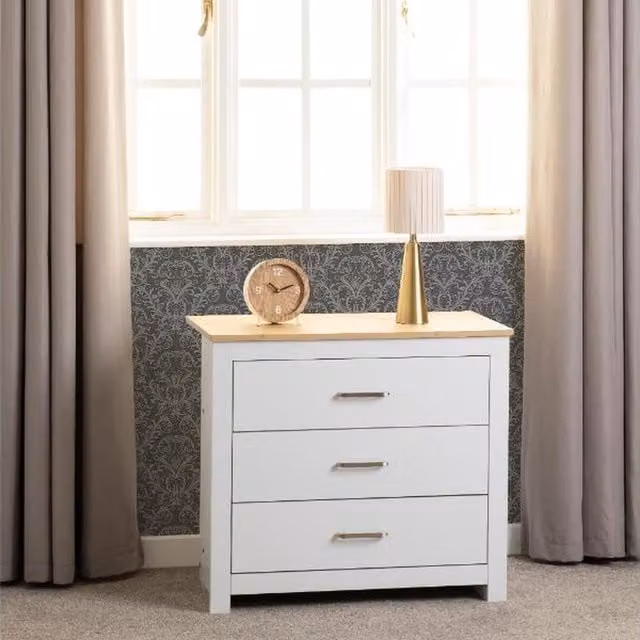 Seconique Modern Oak Wood 3 Drawer Chest in White, Grey or Silver