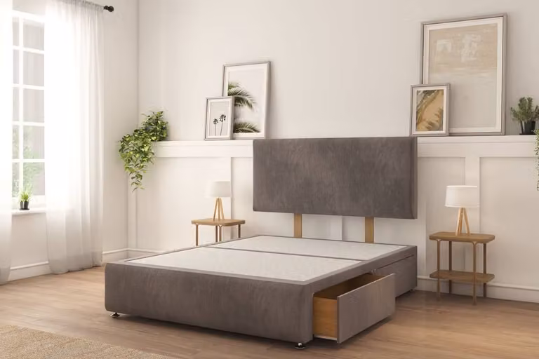 Sloomy Sterling Plush Divan Bed Set in Grey with 2 Right-Side Drawers, 26 inch Strutted Headboard and 12 inch Matching Footboard, Single, W/D/H: 90 x 200 cm