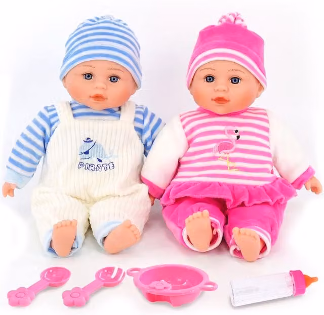 BiBi Doll Twin Soft Body Dolls with Feeding Set in Pink, Blue and Multicolour
