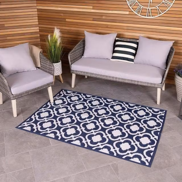 Charles Bentley Blue Moroccan Patterned Weatherproof Indoor/Outdoor Woven Rug, W/D/H: 170 x 120 x 2.5 cm