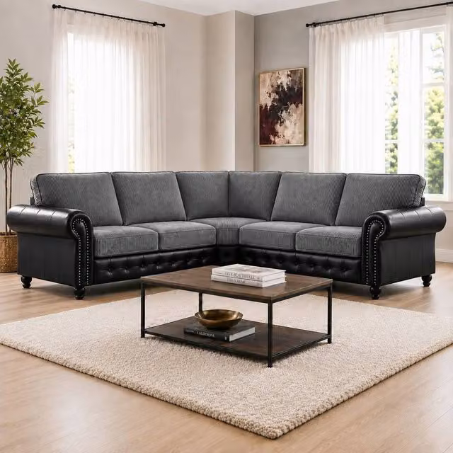 LUXURY LIFE Woodland Grey L-Shape Corner Sofa in Leather and Jumbo Cord Fabric – 1