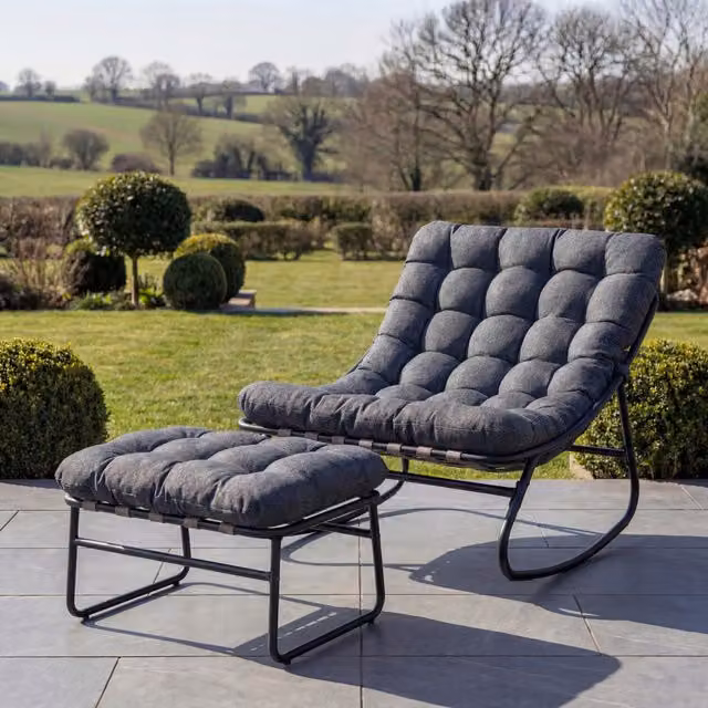 Artemis Home Solace Outdoor Rocking Chair and Stool in Grey Metal