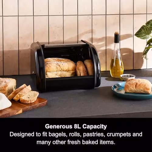 Morphy Richards Equip Compact Roll Front Bread Bin, 8L, Black and Stainless Steel – 9