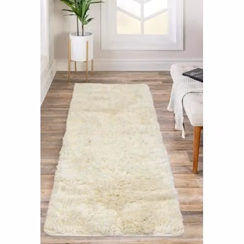 Modern Style Lush Ultra Soft White Shaggy Sustainable Polyester Area Runner Rug, W/D/H: 67 x 180 cm