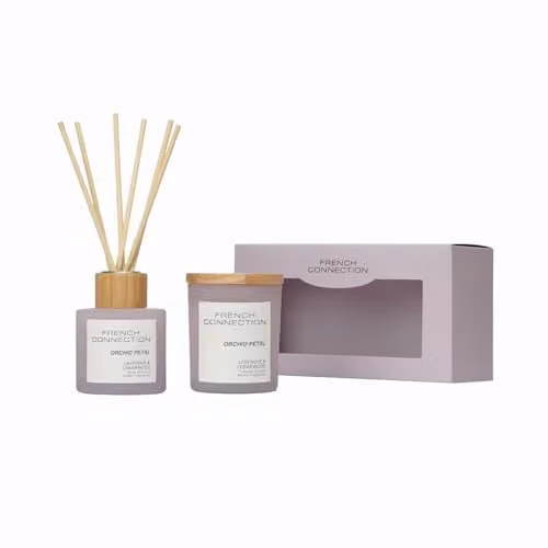 French Connection Pastel Collection Scented Reed Diffuser and Candle Gift Set with Lavender and Cedarwood Fragrance, 100 ml and 141 g